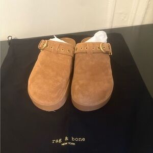 Rag & Bone Brown Suede Clogs with Gold Buckle